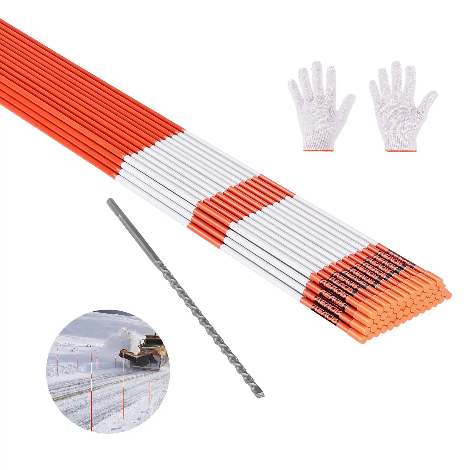 VEVOR Driveway Markers, 100Pcs 72in Fiberglass Rods (5/16in Dia) with 12in Steel Drill Bits, Hi-Visibility Reflectors, 13kg (28.66 lbs) Hammer Tip, Gloves for Soft Terrain Snow Plowing, Parking Lots, 72 Inch