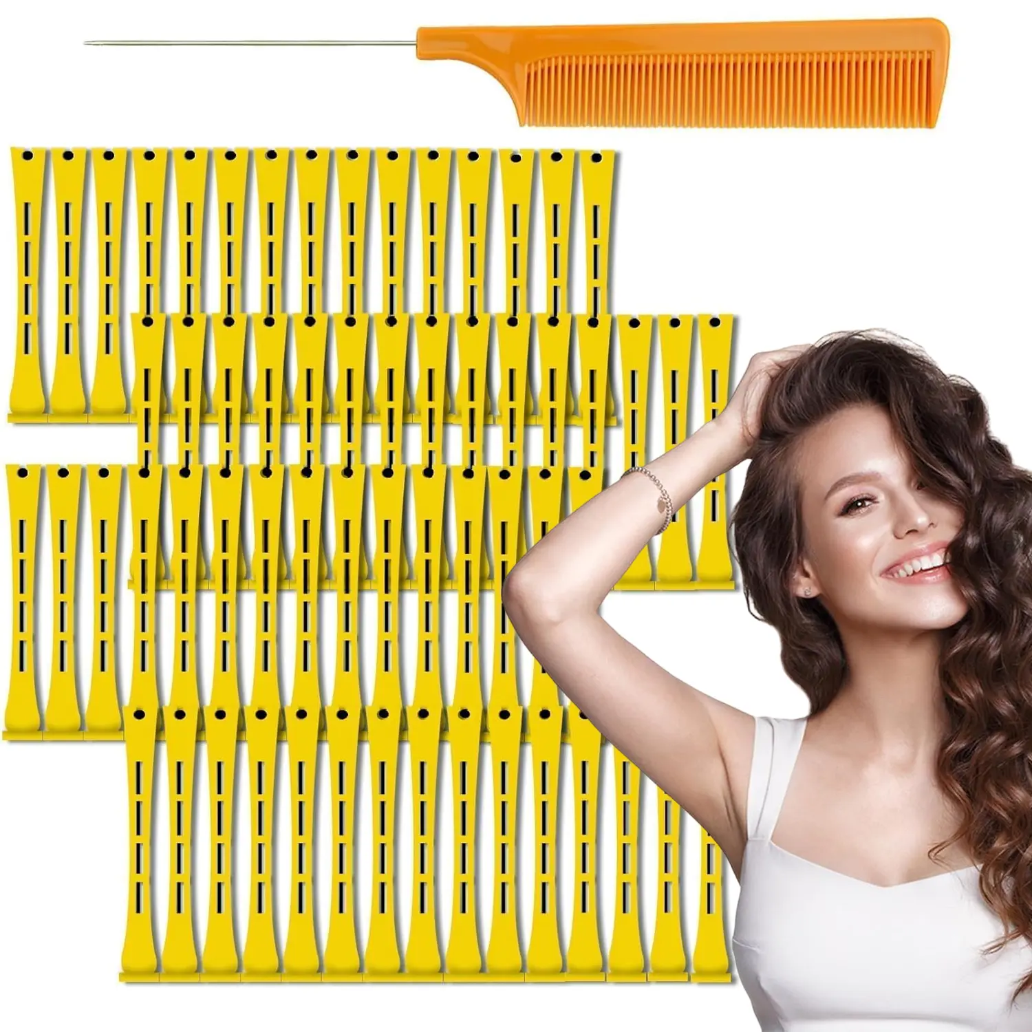 60 Pcs Plastic Cold Wave Perm Rods 0.7cm/0.28 Inch Yellow Hair Curling Rollers with Steel Pintail Comb, Reusable DIY Home Hair Styling Tools