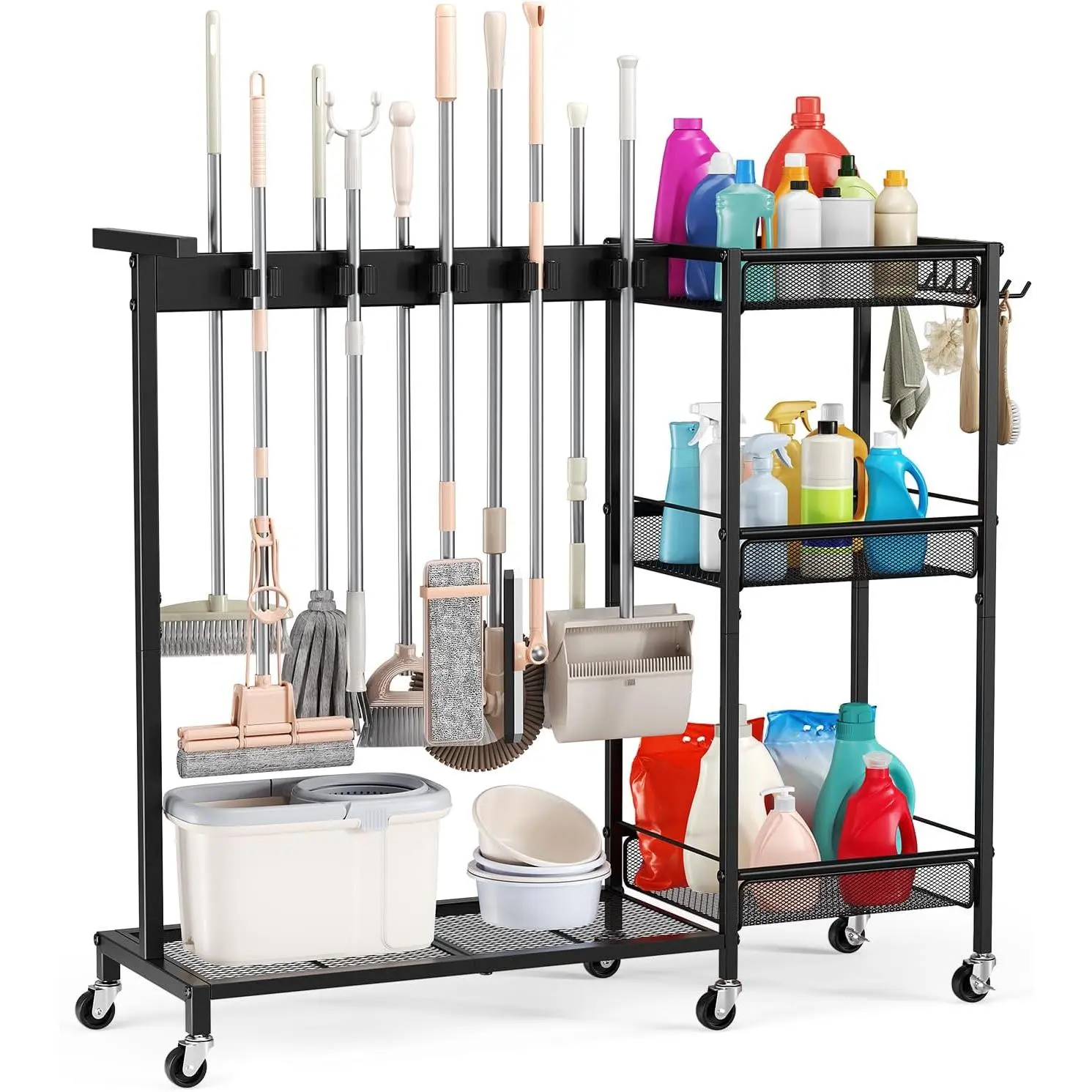 Broom Holder with Cleaning Supplies Organizer, Cleaning Utility Cart  Wheels, 10 Clips & 7 Hooks, 3-Tier Shelves, Broom Closet Storage Cabinet with Cleaning  for  Commercial Use