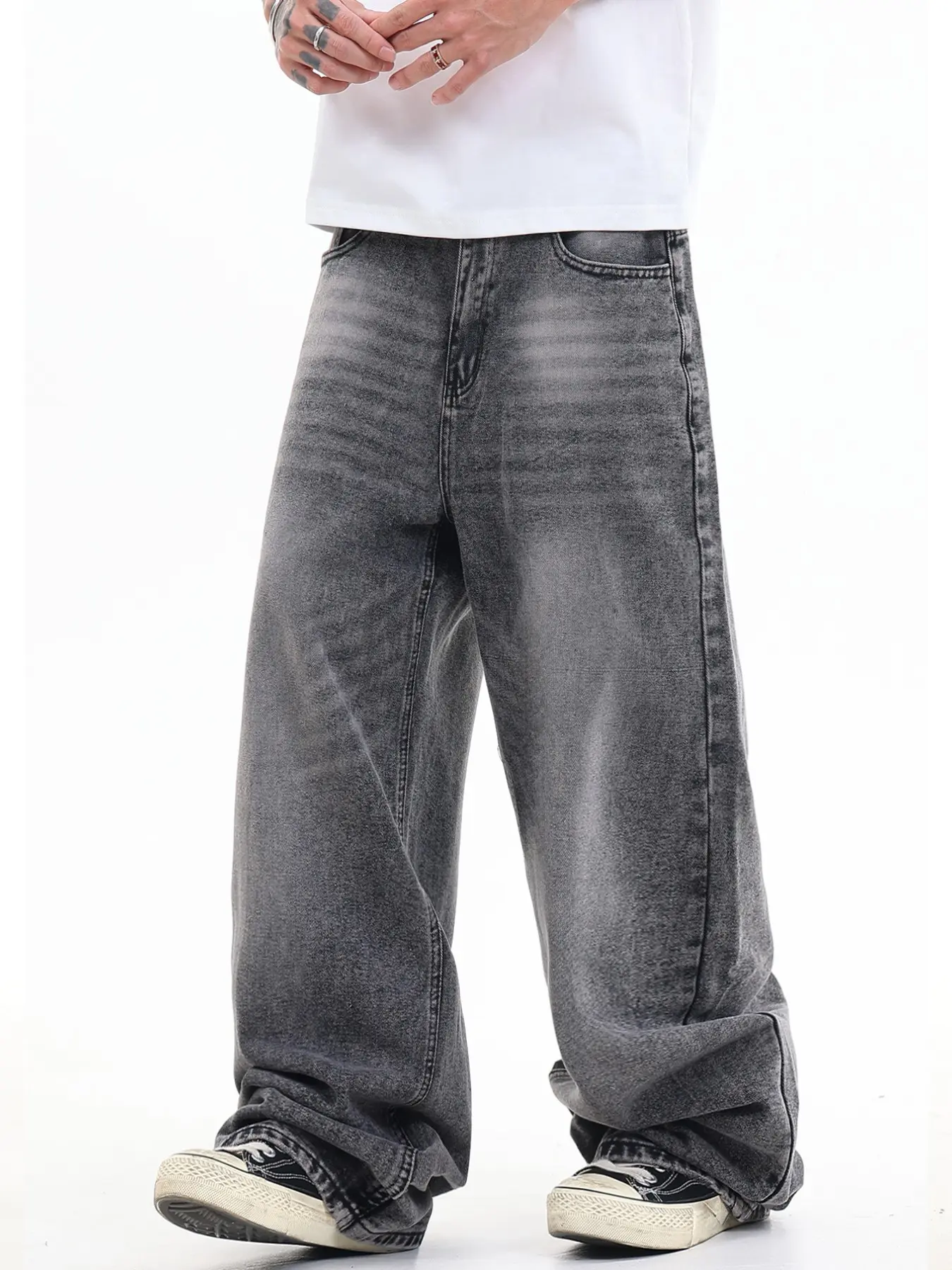 Men's Vintage Washed Straight Leg Wide Leg Jeans, Casual Minimalist Fashion Loose Fit Long Pants, No Belt Included
