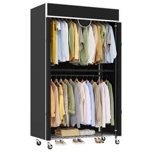 Heavy Duty Clothes Rack With Cover 485 Lbs Capacity Portable Closet Wardrobe On Wheels Carbon Steel Dustproof Tool-Free Assembly Clothes Racks For Hanging Clothes In Bedroom Laundry And Storage