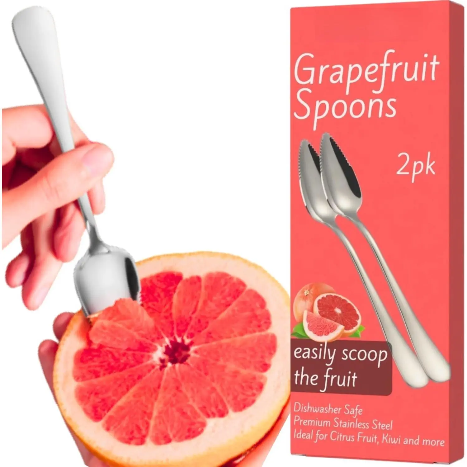 Sturdy 304 Solid Steel Grapefruit Spoons - Serrated Synthetic Cutlery Set, Polished Tableware for Citrus Lovers, Easy Everyday Use Cutting, Dishwasher Safe, 2-Pack