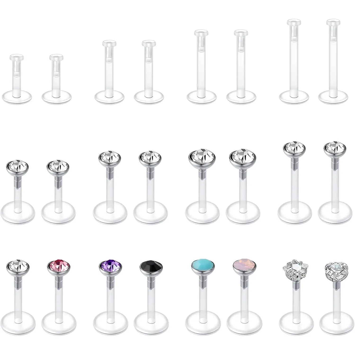16G 24Pcs Clear Lip Labret Medusa Piercing Studs Jewelry Flat Plastic Back Lip Rings Retainer Push Fit Bioflex Piercing for Monroe Ashelry Tragus Helix 6mm 8mm 10mm 12mm for Work