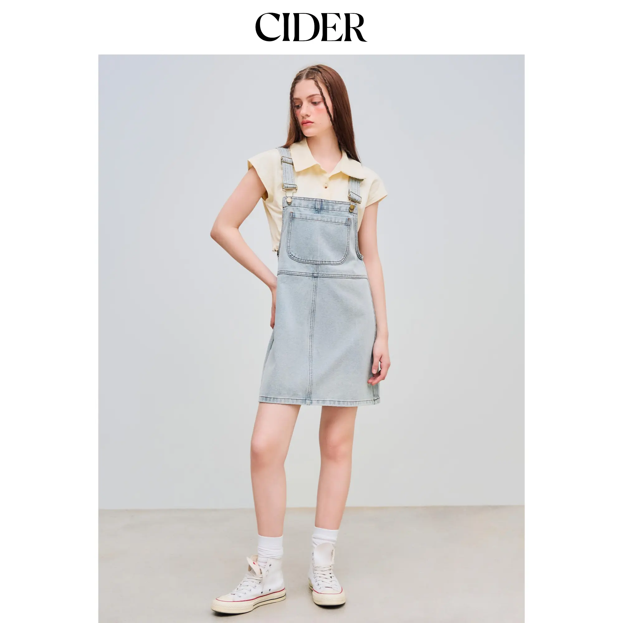 Cider [size 0-10] Denim Square Neck Solid Pocket Buckle Up Mini Dress SohoChic