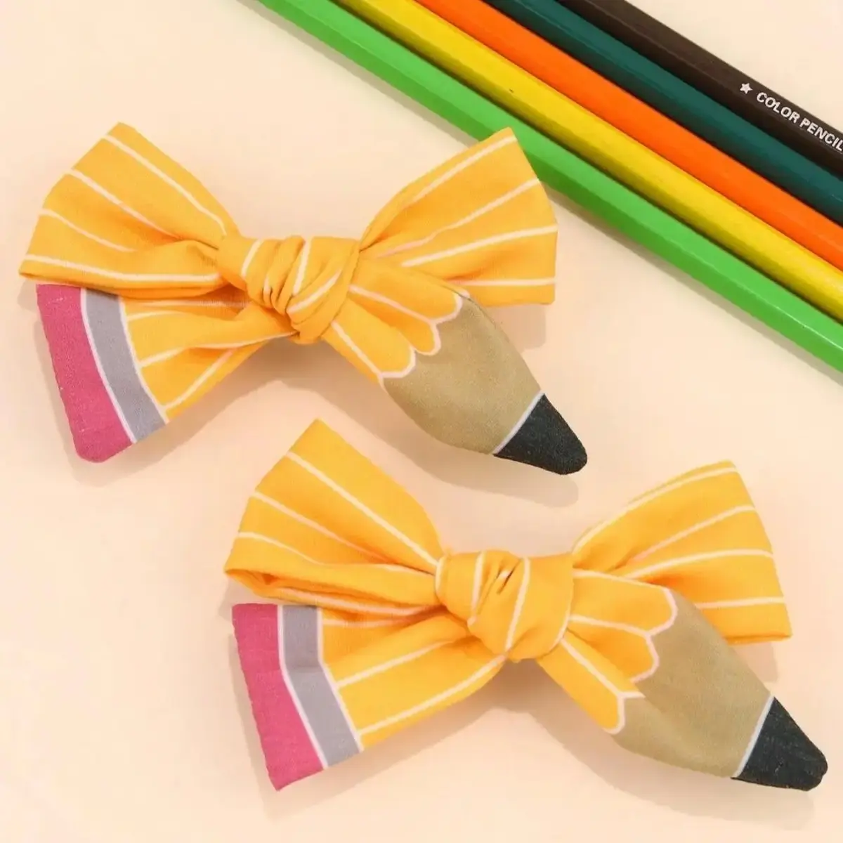 2Pcs Back To School Season Pencil Hair Bow Clips,White Line Ponytail Holder Ribbon Grosgrain Bow Alligator Hair Clips,Women Fashion Hair Accessory For First Day Of School Girl Student Cheerleader. Claw Clips Hair Claws Hair Barrettes