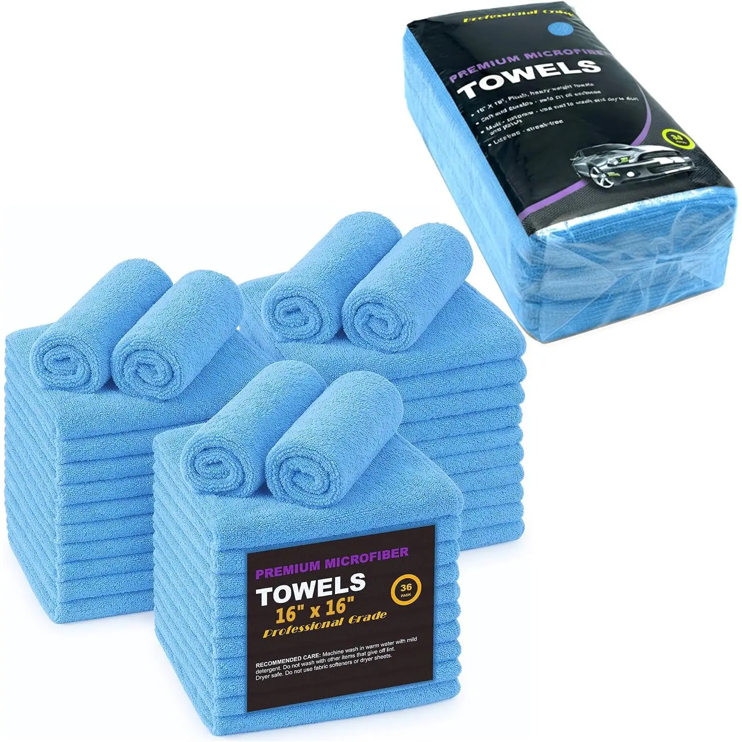 36-Pack Large Microfiber Cleaning Towels - Ultra Soft Plush Washcloths, Professional Grade, 16"X16" Sky Color, for Automotive & Household Use