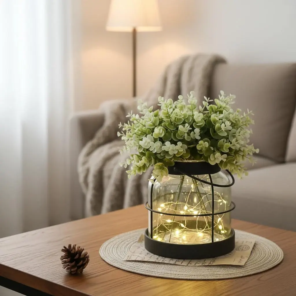 Vintage Glass Farmhouse Vase - Handmade Rustic Lantern Planter with Bonus Artificial Flowers & LED Lights (Home Decor Centerpiece), Farmhouse Wedding/Easter Decor, Housewarming Gift