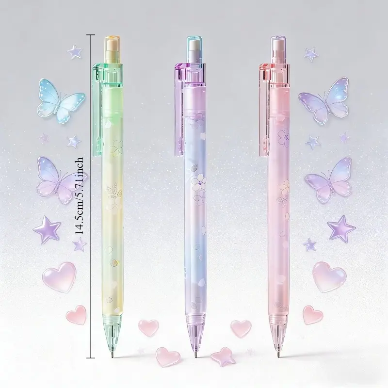 3 random pattern automatic pencils with eraser. Suitable for school and office, also as a gift.