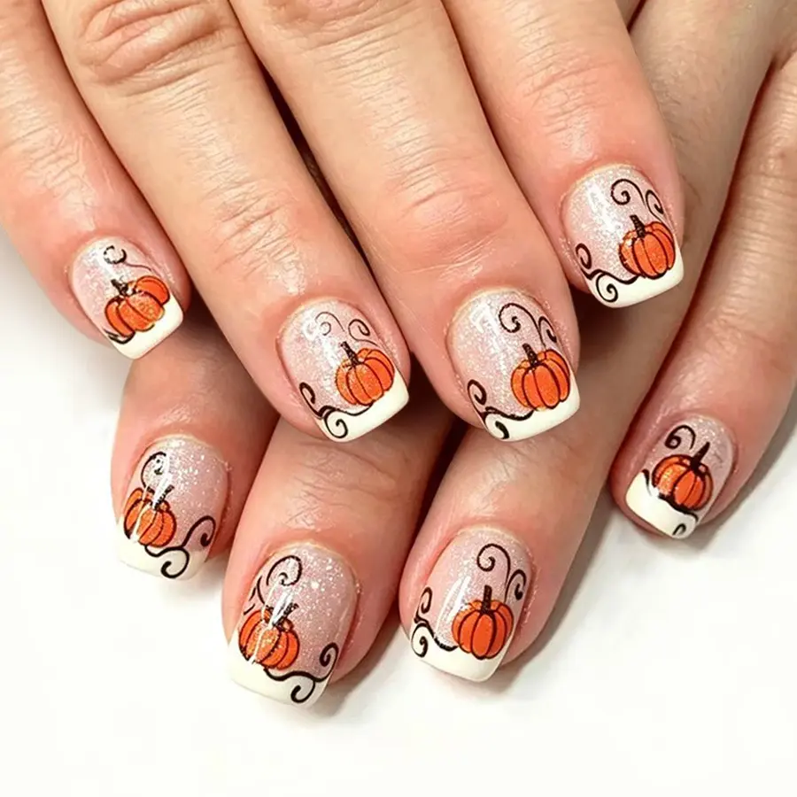 Autumn Winter Elegant Pumpkin Halloween French Press-On Nails, 24-Piece DIY False Nails for Women and Girls, Nail Designs, C-1953