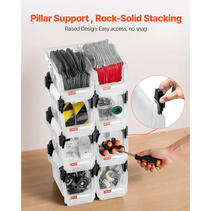 VEVOR Plastic Stackable Storage Bins, 10.9x 5.5x 5.1 inch (8 Pack), Plastic Containers for Organizing Storage Bins for Closet, Garage, Small Parts, Office Supplies, Other Accessories, Transparent