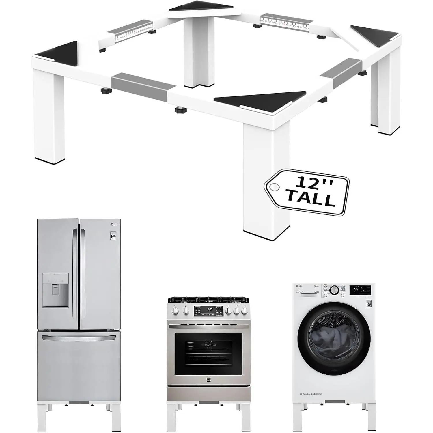 Heavy-Duty  Steel Laundry Pedestal, Full Size 12" Height Washing Machine Stand,  Adjustable Washer and Dryer Pedestals (White)