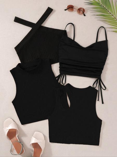 Women's Knitted Hollow Out Drawstring Crop Top Set, Summer Fashion Casual Sleeveless Vest, 4 Piece Short Tank Tops for Women, Outdoor