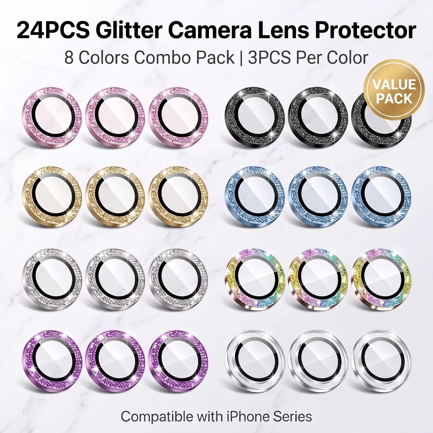 24 PCS 8 Colors 3 Each Bling 9H Metal Individual Ring Camera Lens Protector Compatible For iPhone 17 17e Pro Max 17 Air 17 Pro 16 15 14 13 11 MagSafe Wireless Charging Durable Mobile Phone Accessories