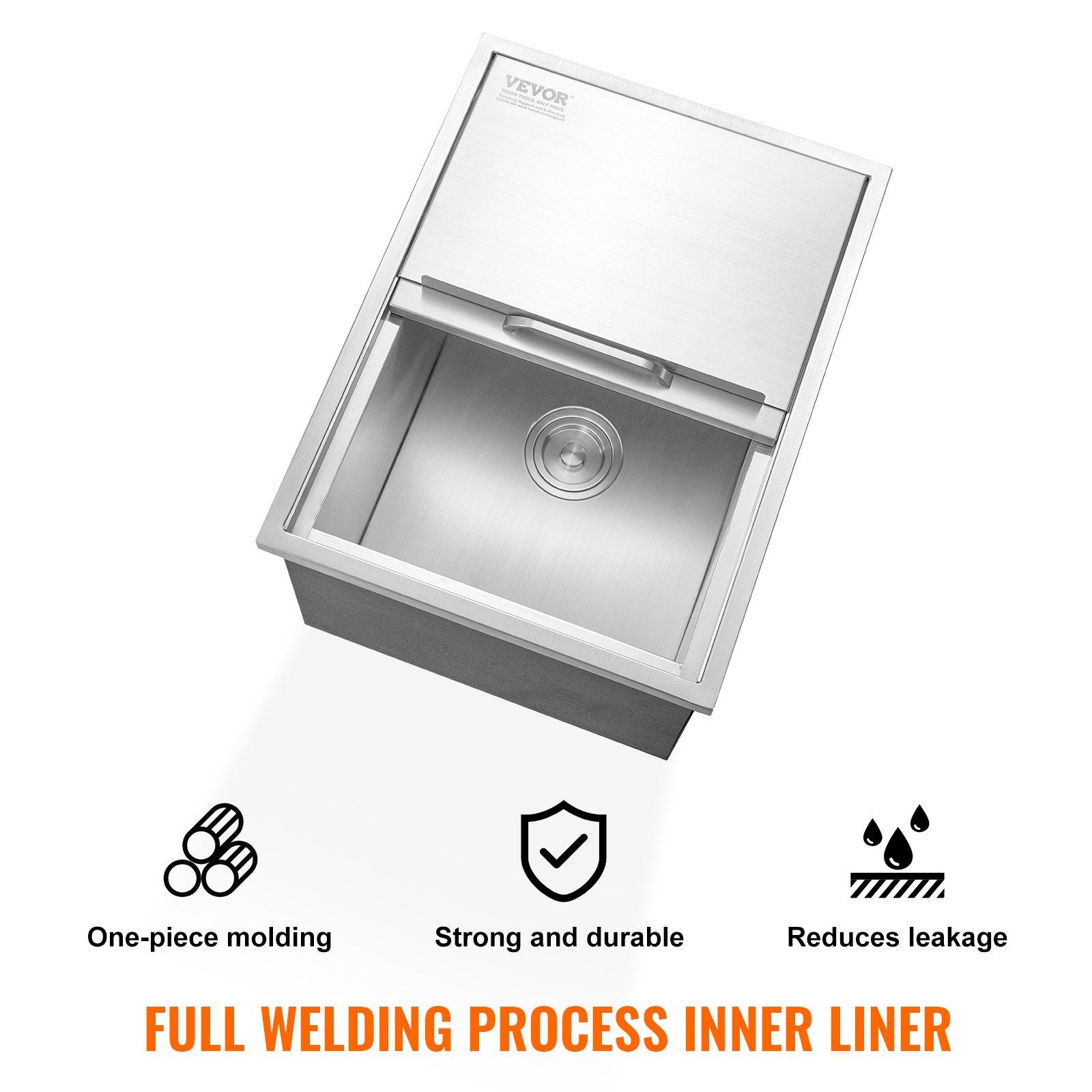 VEVOR Drop in Ice Chest, 24"L x 18"W x 13"H Stainless Steel Ice Cooler, Commercial Ice Bin with Sliding Cover, 40.9 qt Outdoor Kitchen Ice Bar, Drain-pipe and Drain Plug Included, for Cold Wine Beer