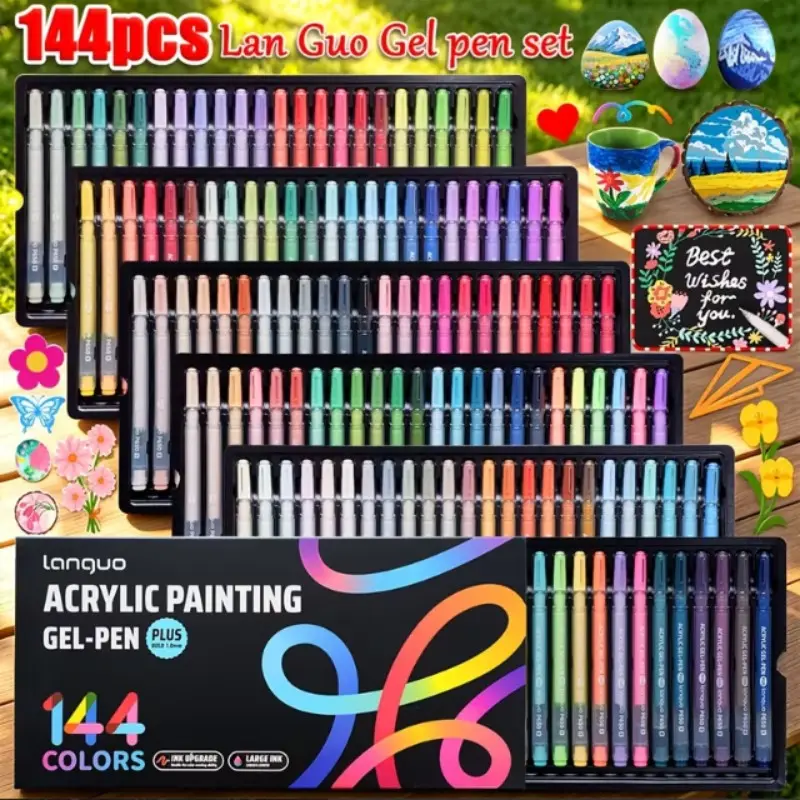 Languo 144-Color Gel Pen Set, 1.0mm Tip, Smooth Flow, Large Ink Capacity, Ideal for Art, Rock, Plastic, Wood, Glass, Ceramic, Fabric