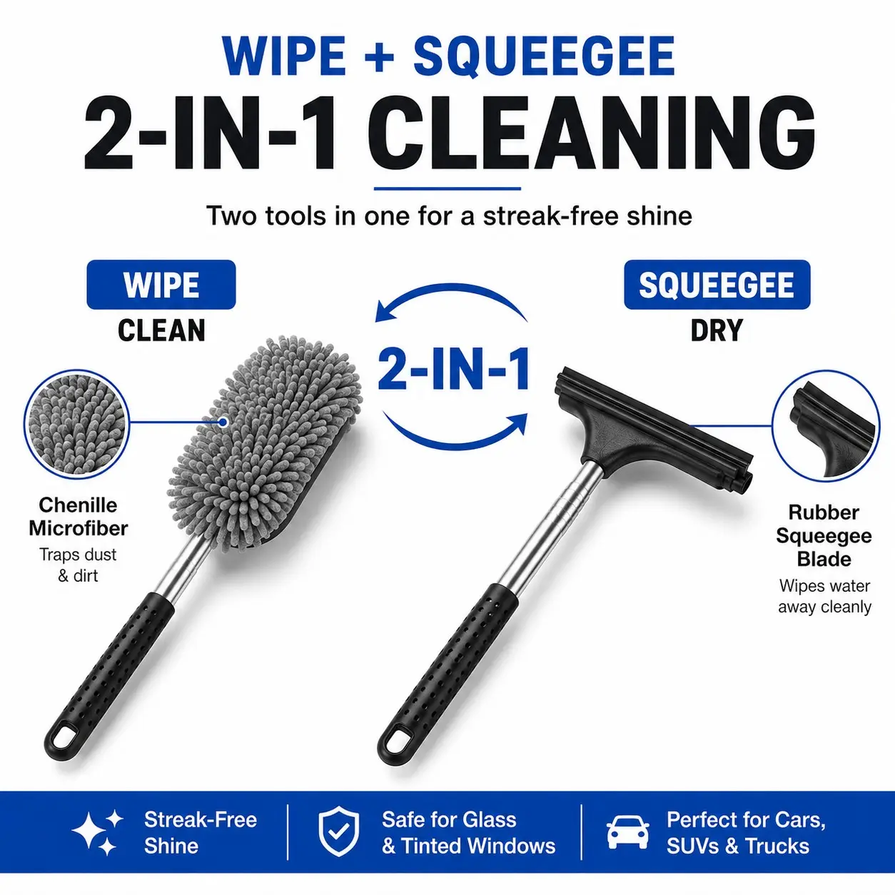 2-In-1 Car Windshield Cleaning Tool, Extendable Car Window Cleaner with Microfiber Pad & Squeegee, Reusable Auto Glass Cleaner for Car Detailing