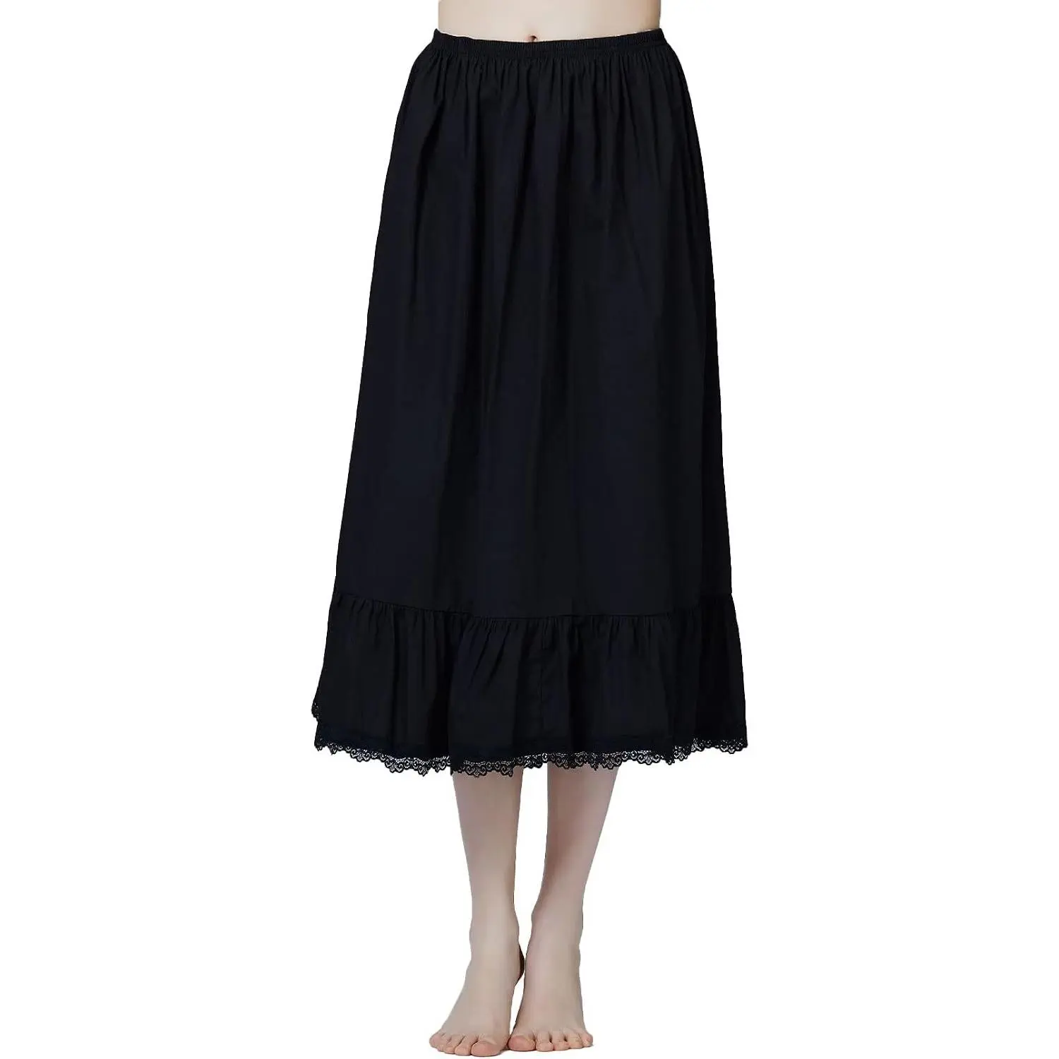 Women Half Slip 100% Cotton Underskirt Skirt Extender with Ruffle Lace Trim Long Skirt