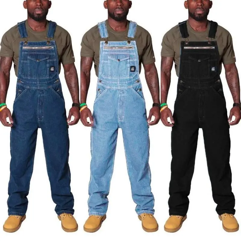Men's Denim Overalls with Straps Ripped Denim Work Pants Menswear Suits