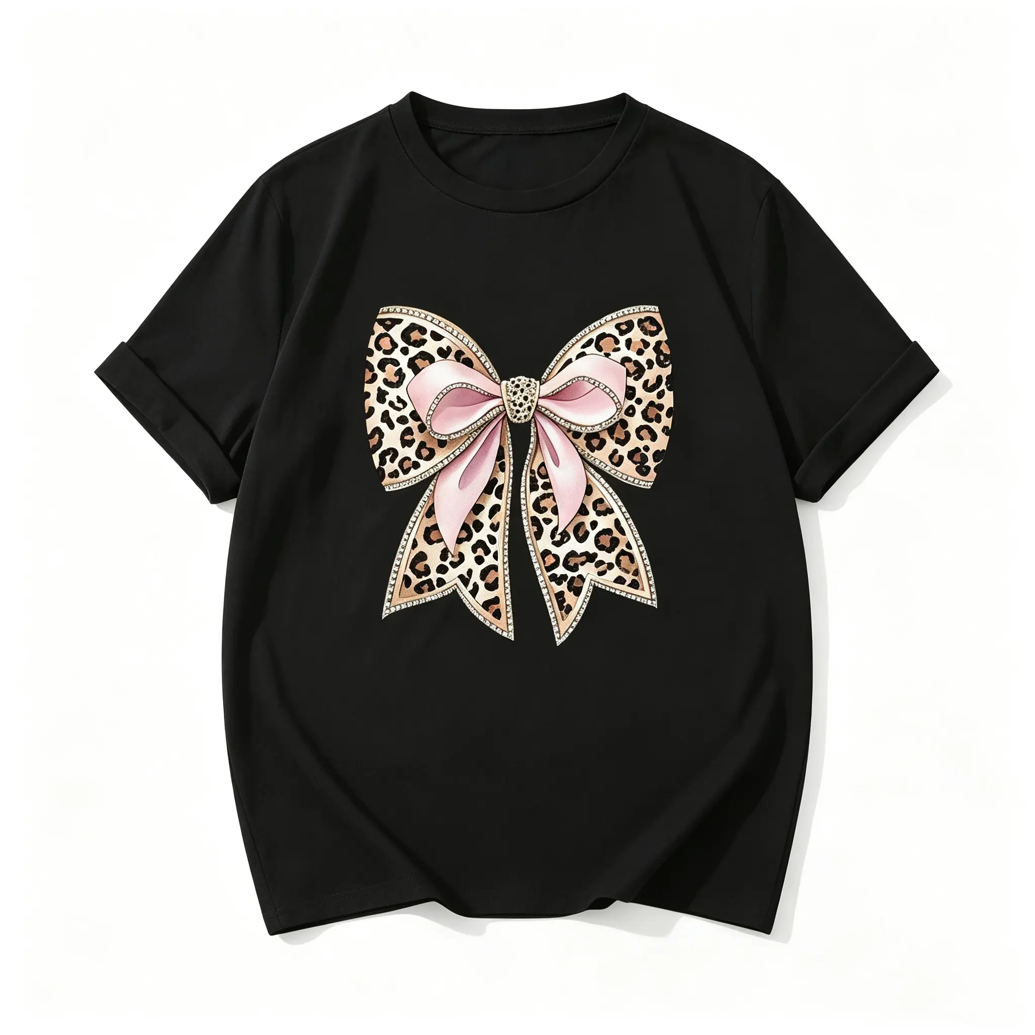 Leopard Pink Bow Graphic Print Short Sleeve Tee Coquette Aesthetic Cute Bow Casual Streetwear Top for Women