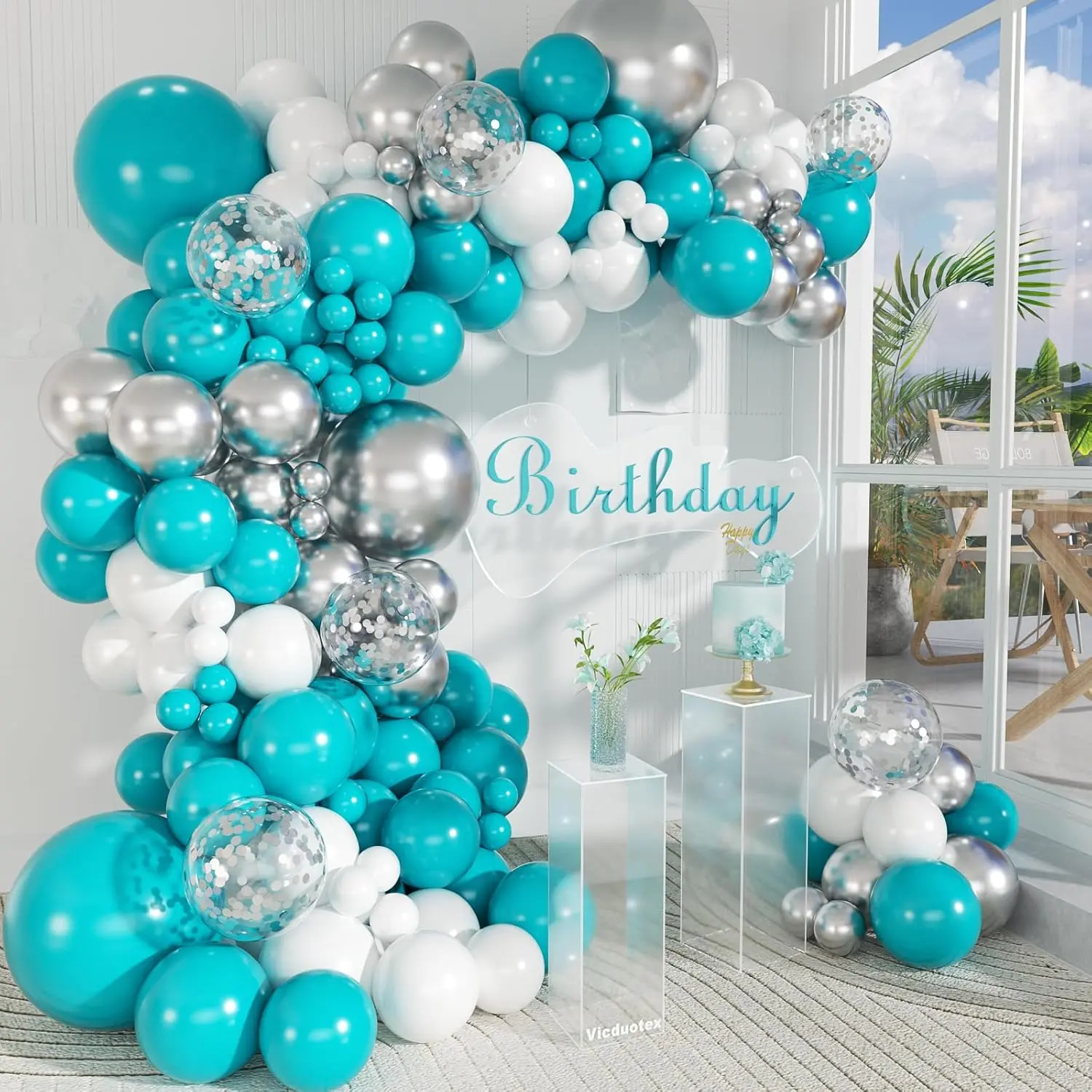 147pcs Decorative Balloon Arch Garland Kit with Pump, 18/12/10/5in Teal, Turquoise, Metallic Silver, White Balloons for Birthday, Wedding Decorations, Decorative Balloons