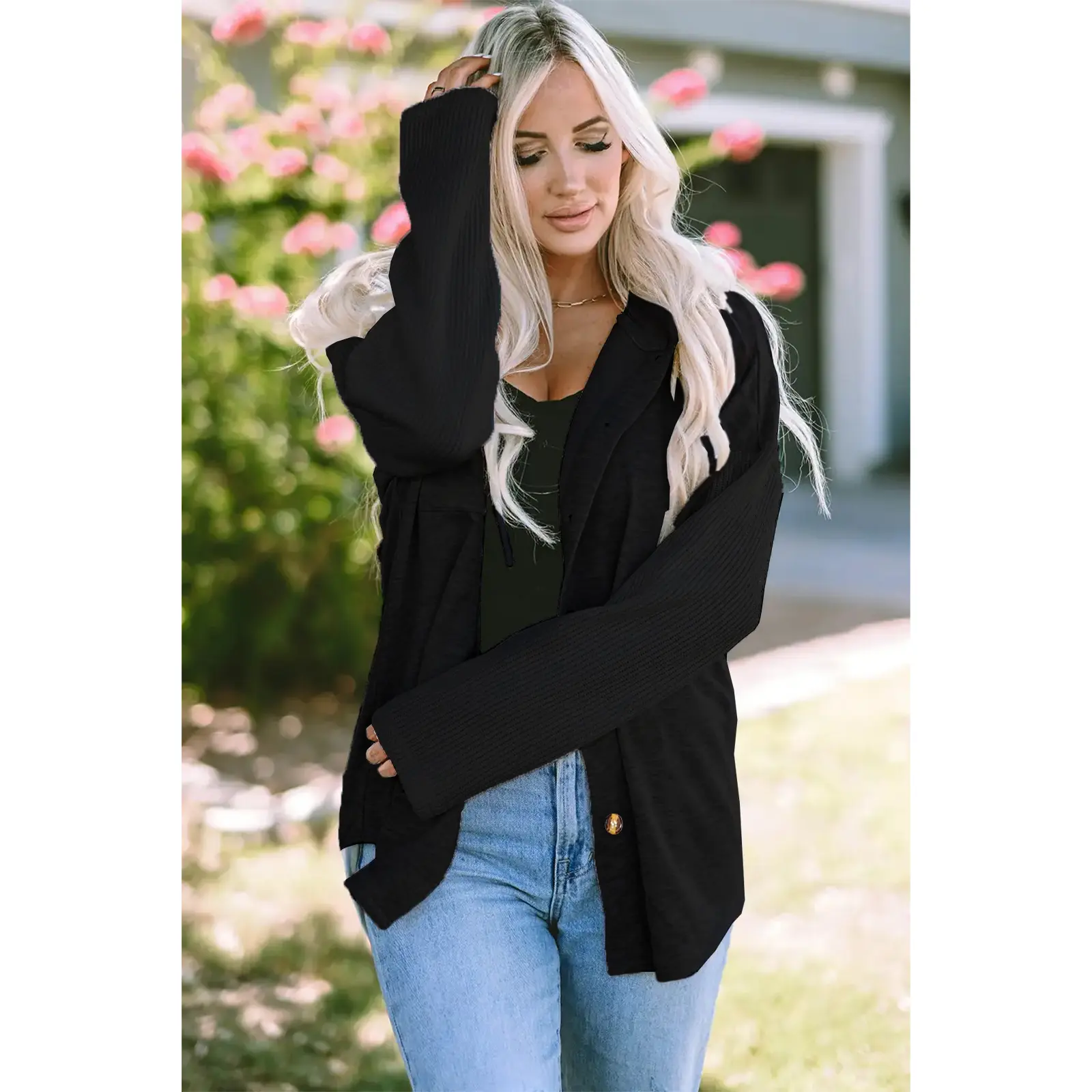 Women's Color Block Hooded Shacket, Drawstring Hood Button Down Shirt Jacket, Ribbed Long Sleeve Oversized Casual Coat Womenswear Adjustable