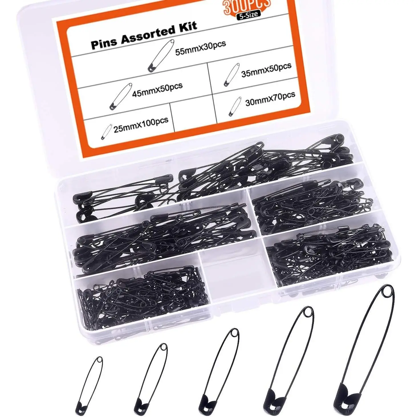 5 Sizes Black Safety Pins  25-55mm Small and Large Safety Pins for Art Craft Sewing  Making in a PP Box (300 pcs)