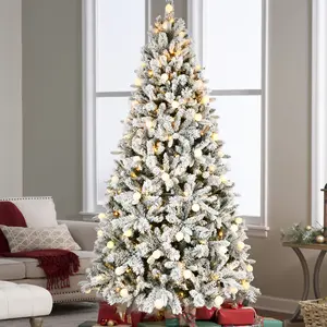 7.5 feet white flocked Christmas tree with 400 G45 lights, PE + PVC + hard needle hinged memory wire tree, 10 light modes, foot switch with metal base, no return is supported.