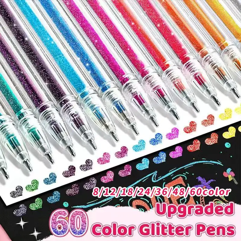 Multicolor Glitter Gel Pens For Coloring Set, 8/12/18/24/36/48/60 Pcs DIY Painting Markers, Student Creative Coloring Tools, Halloween Christmas Card Art, DIY Craft Gifts