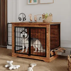 37.2 Inch Heavy Wooden Dog Crate Furniture with Dual Access Doors and 360° Rotating Feeder, Secure Anti-Chew Anti-Escape Indoor Kennel Cage Ideal for Small and Medium Breed Dogs
