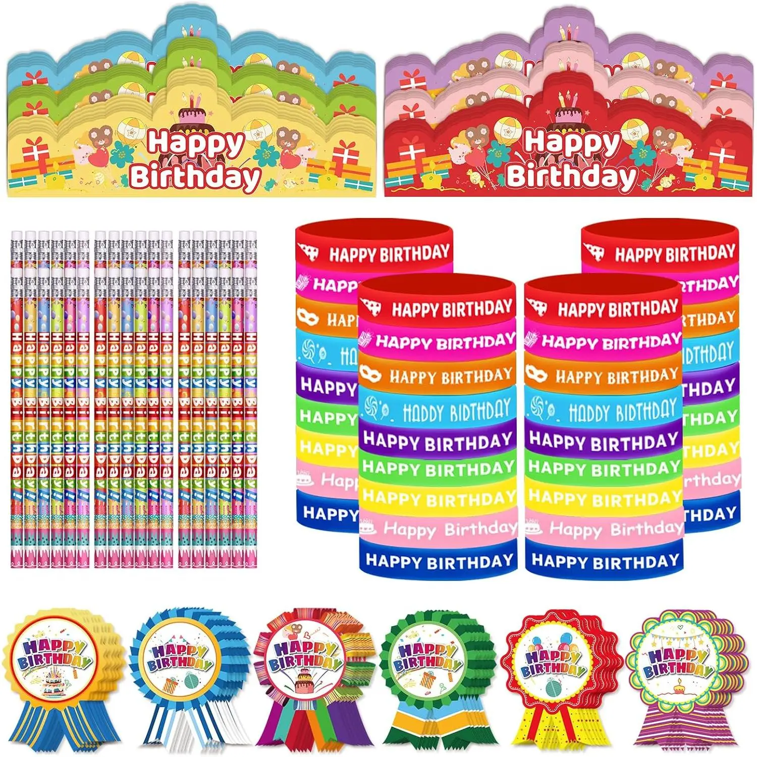 144 count Classroom Birthday Gifts 36 Happy Birthdays Pencils 36 Rubber Bracelets 36 Badge Stickers 36 Birthday Crowns for  Classroom