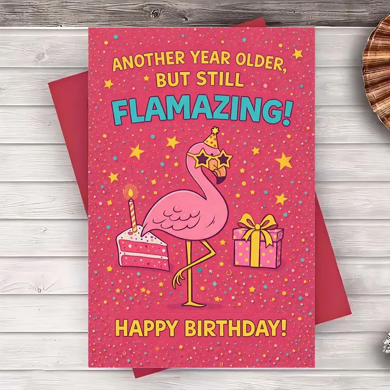 Funny Flamingo Happy Birthday Greeting Card with Envelope, Pink Flamingo Birthday Card for Adults, Humorous Gift for Friends, Family & Coworkers, Blank Inside, Christmas Holiday Gift