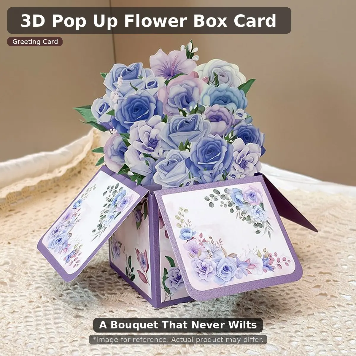 3D Pop Up Flower Box Card with Envelope, Blue Rose Pop Up Card, Greeting Card Set for Birthday & Mother's Day, Perfect Gift Idea
