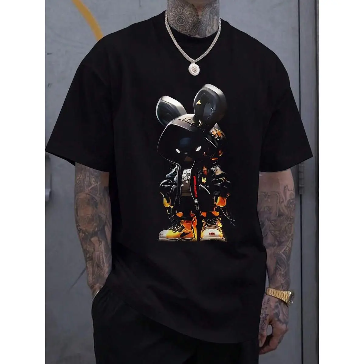 Men's Cotton Classic Crew Neck Short Sleeve T-Shirt - Fashionable Cartoon Rabbit Print, Mens Apparel, Tops, Clothes