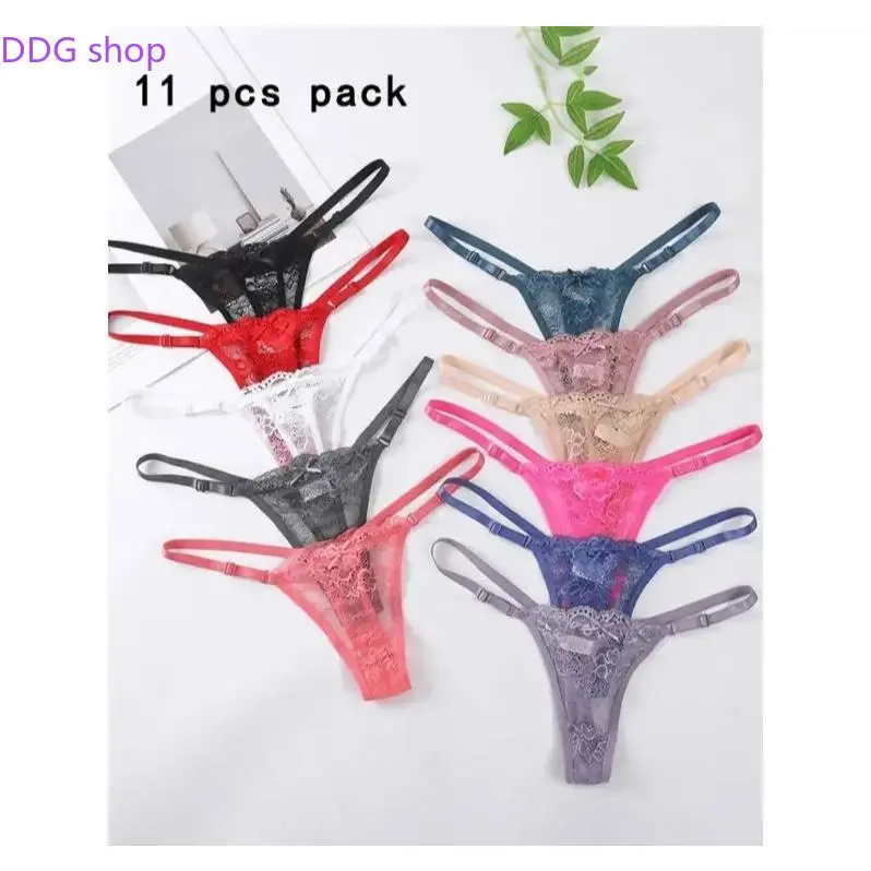 11/7/4 Pack Women's Lace Thong Panties Set, Lingerie, Soft Minimalist Panty, Adjustable Waistband Design, Plain Pattern, Multiple Colors Available, Comfortable Underwear, Women Sexy String, Feminine