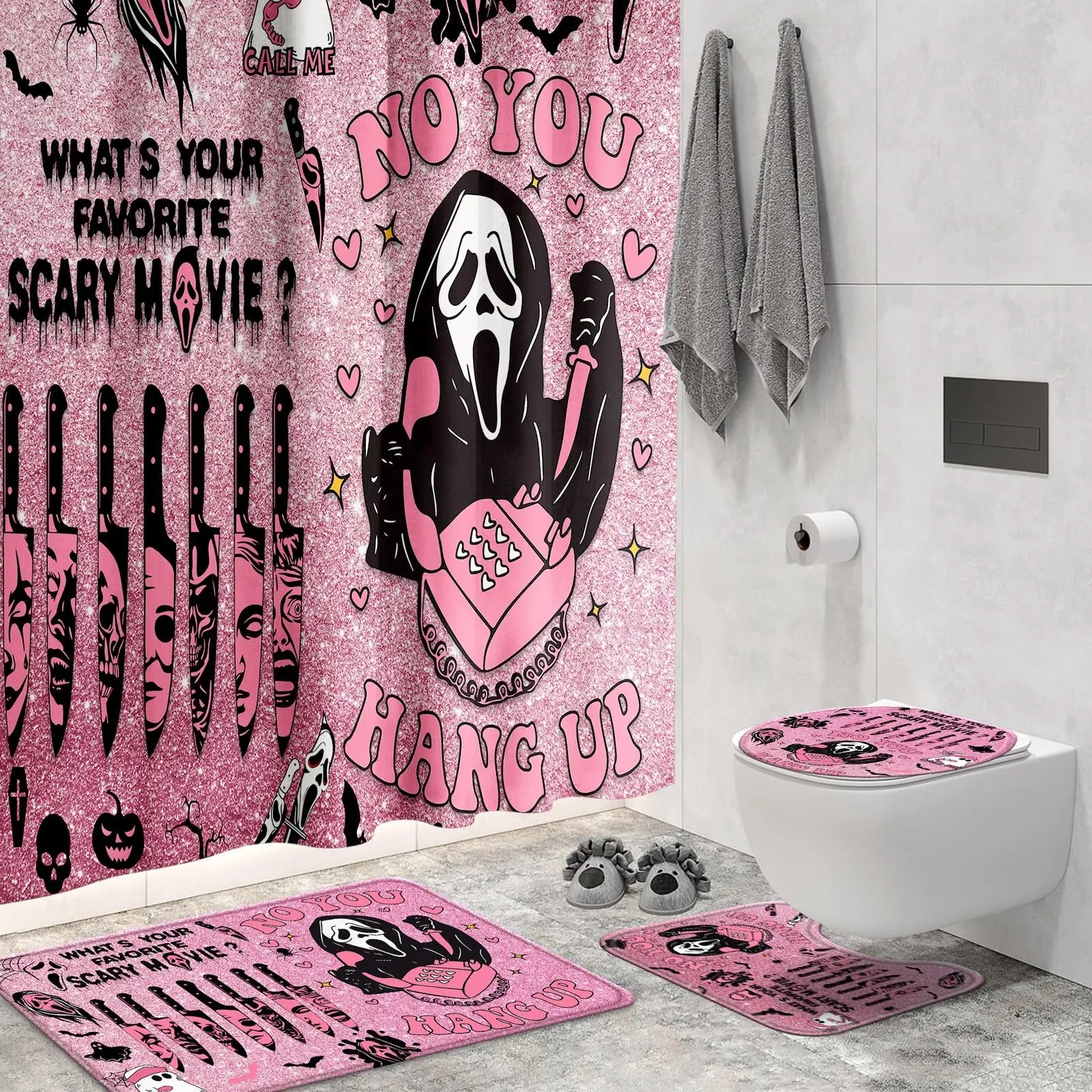 Pink Horror 4-Piece Waterproof Washable Flannel Bathroom Decor Set, Shower Curtain with Rugs and Toilet Seat Cover, Spooky Funny Home Bathroom Supplies