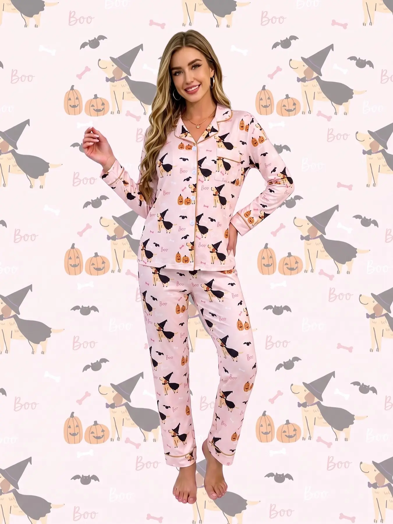 Women's 2-piece pajama set, pink Halloween magic dog prints. Puppies in witch hats, jack-o'-lanterns, bats, bones and "Boo" letters. Cute cartoon style. Gold trim, lapel top with pocket, elastic waist long pants, soft comfy loungewear