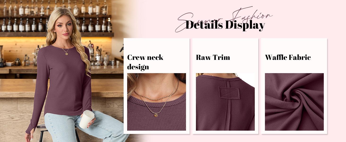 GRECERELLE Waffle Knit Long Sleeve Shirts for Women Crew Neck Slim Fitted Going Out Tops Y2k Outfits