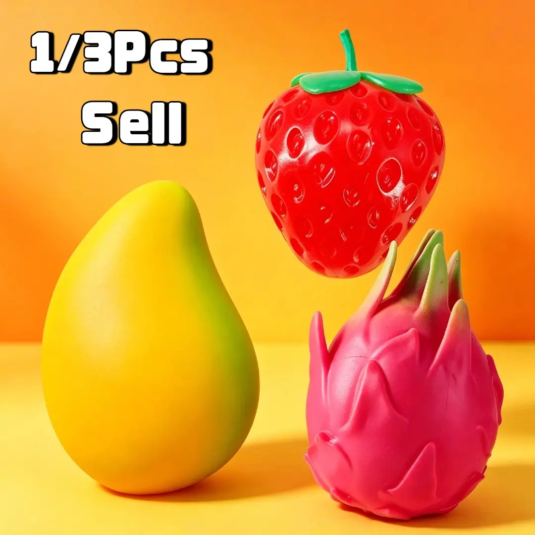 Fruit Bundle Squishy Toy - 3Style Fast Rebound Stress Relief Realistic Fruit Squeeze Toy, Dragon Fruit/Mango/Strawberry Anxiety Sensory Stress Squishy Hand Toys（3.94''x 2.17''）, Soft Simulation Fruit Stress Relief Balls, Calming Adults Fidget Toys