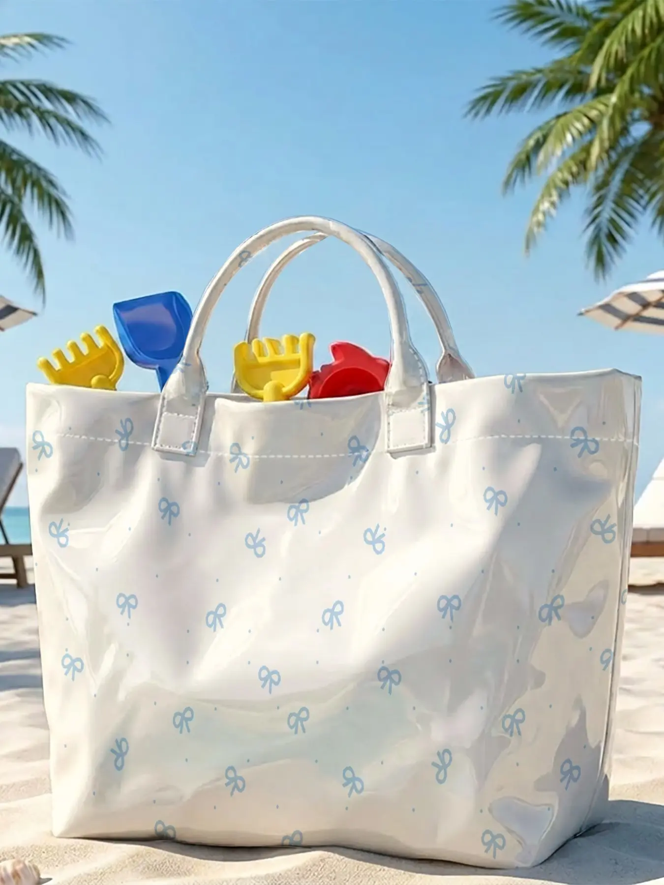 Fashion PVC Large Capacity Women's Tote Bag, Light Base with Blue Bow Polka Dot Print, Casual Handbag for Daily Use