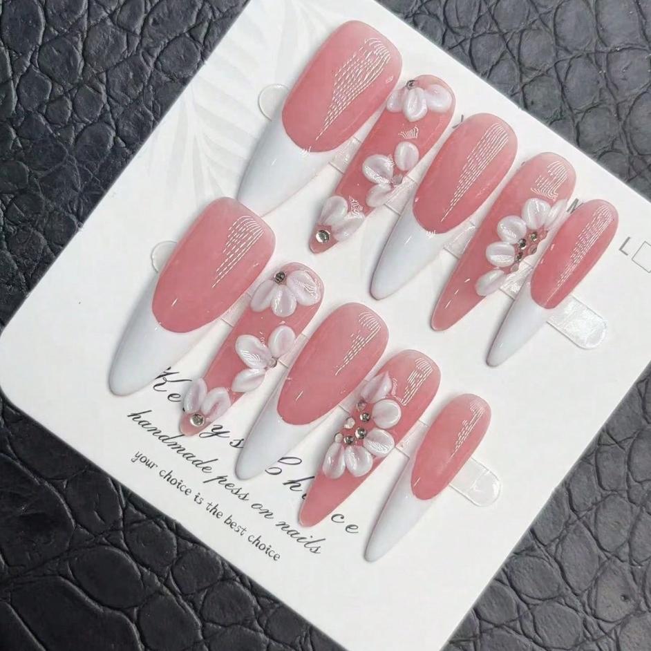 Elegant French Long Almond False Nails, Nail Tips Art, 3D Flower Rhinestones, Acrylic Almond Shape, Perfect for Holidays & Daily Wear, Ideal Gift for Women & Girls