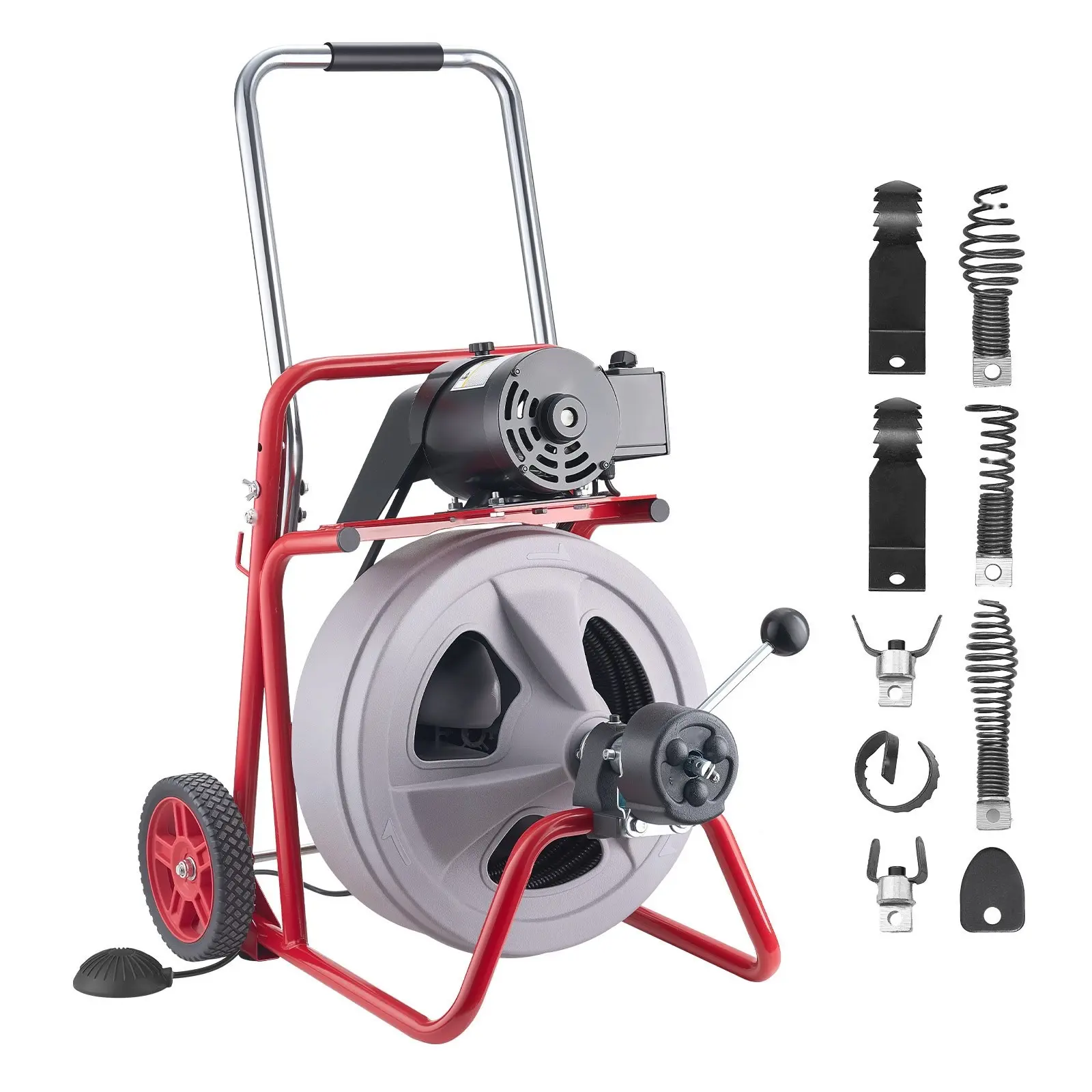 Drain Cleaner Machine, 100 Ft X 1/2 In Auto Feed Sewer Snake Auger On Wheels, Portable Drain Cleaning Machine With 8 Cutters And Air-Activated Foot Switch For 2 To 6 Inch Pipes For Home And Industrial Use