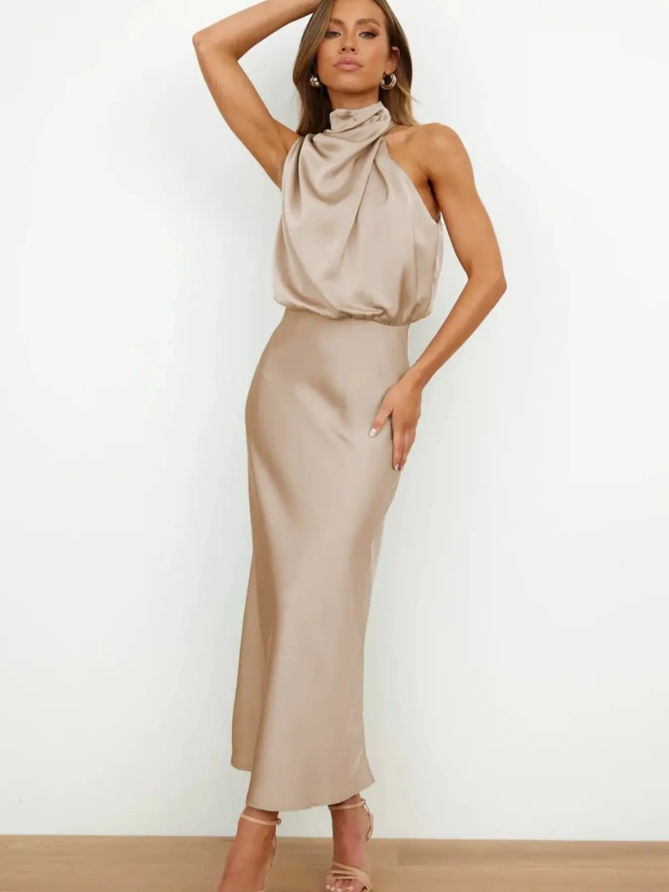 Women's Smooth Satin Halter Neck Midi Dress, Draped Cowl Neck Sleeveless Formal Dress, Elegant Wedding Guest & Cocktail Party Dress, Sleeveless Style Dress