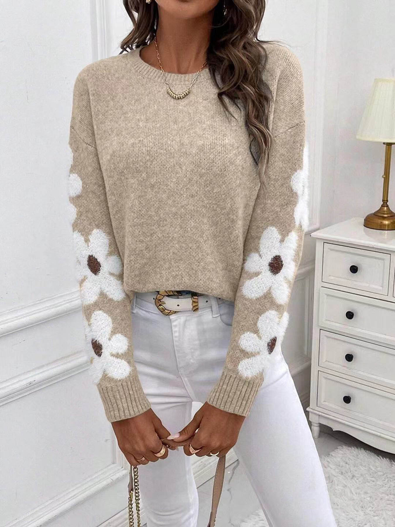 Women's New Loose Round-Neck Floral Pattern Long-Sleeve Pullover Sweater for Autumn and Winter, Elegant Casual Knitwear
