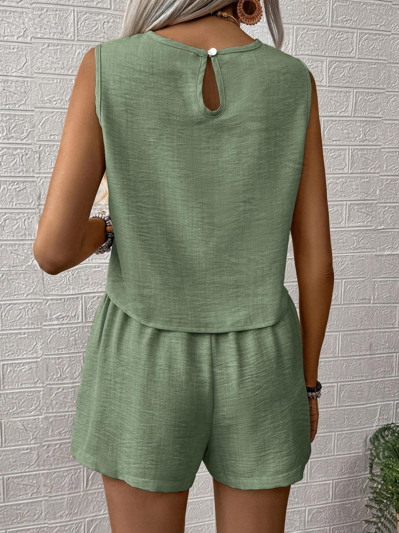 Women's Solid Color Crew Neck Crop Tank & Shorts Two-Piece Set, Casual Short Sleeve Top & Shorts, Summer Clothes for Ladies Outdoor, Matching Clothing Set Women