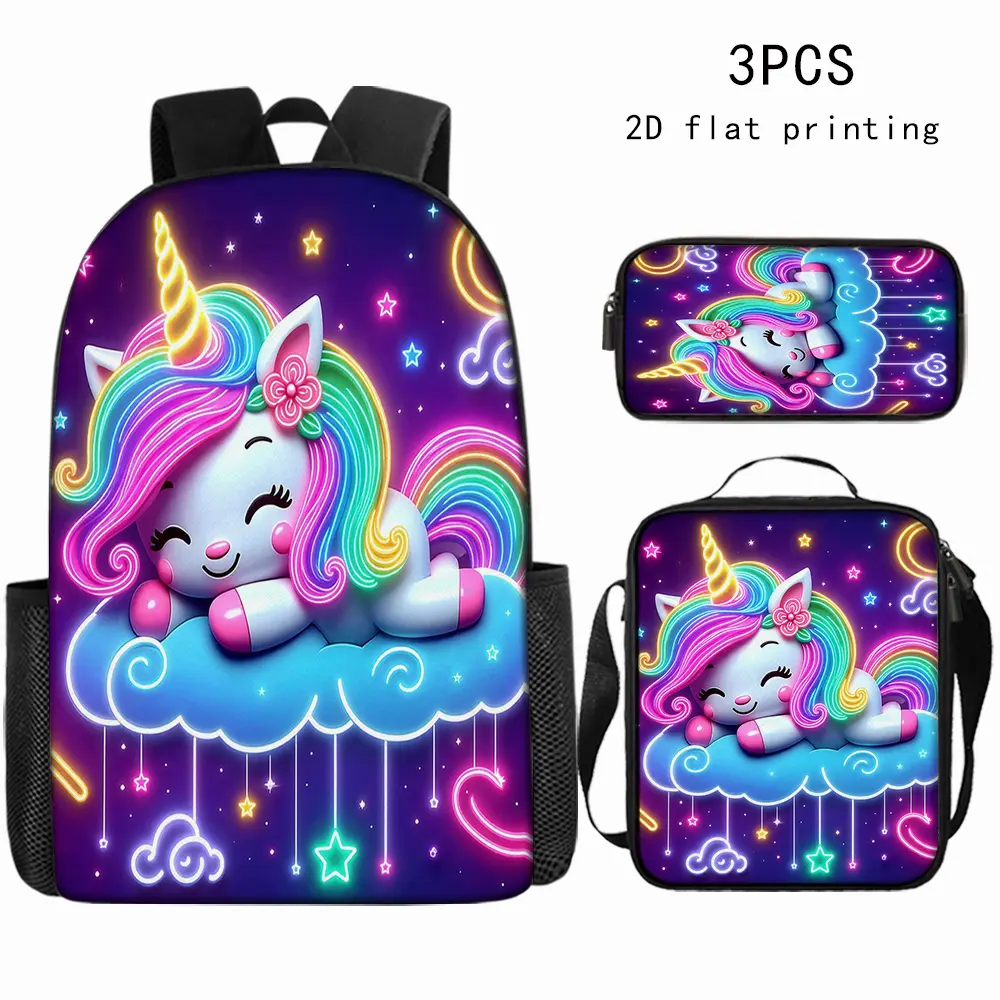 1pc/3pcs Trendy Unicorn Backpack, 2D flat printing, large capacity, lightweight design, stylish and unique shoulder bag, dreamy neon unicorn print backpack, suitable for back to school, camping, casual parties, and short cycling trips.
