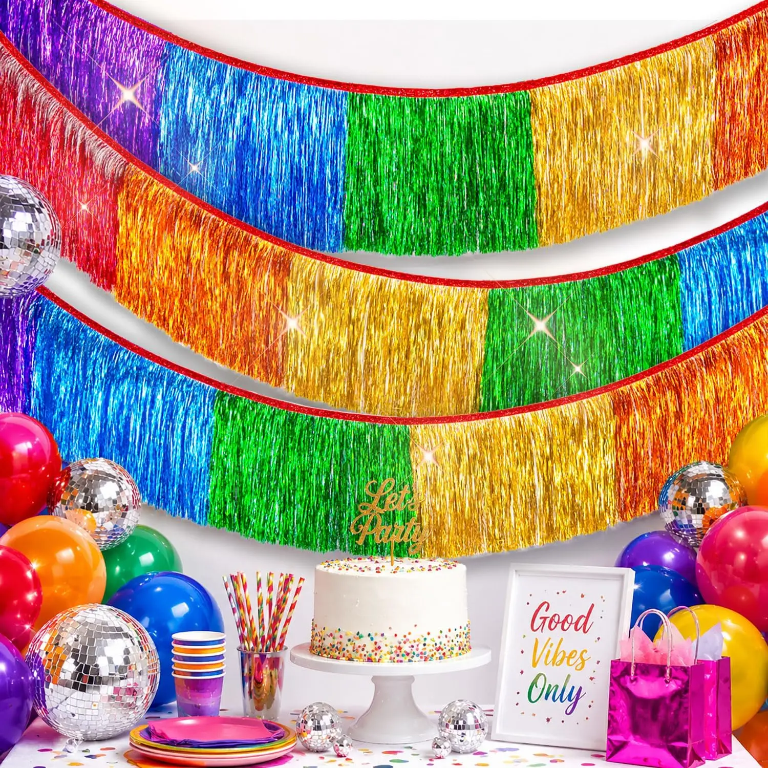 2 Pack  Red Fringe Streamer Banner for Party Decoration - 10  of Dazzling Foil Tinsel Tassel Garland for Birthday Wedding Christmas Holiday   Decor