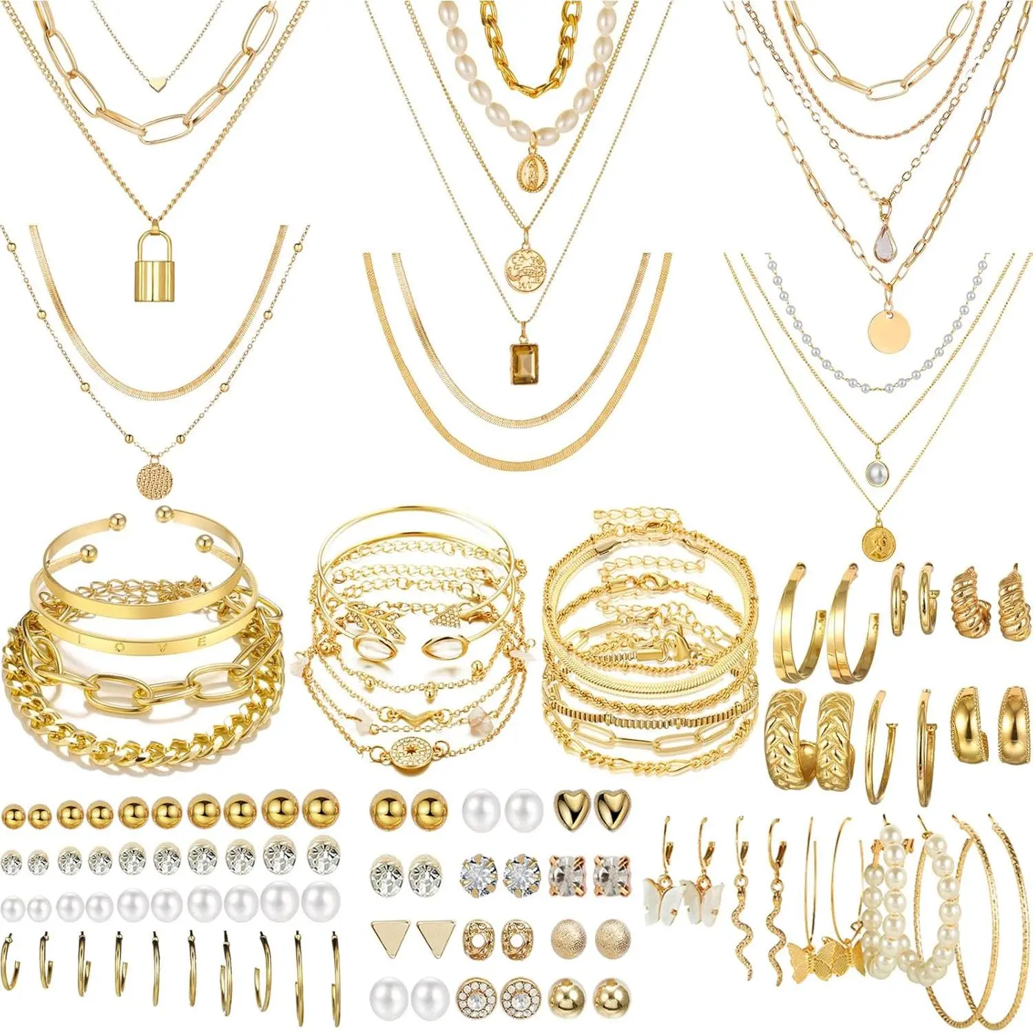 Baby Girls' 69-Piece Gold-Plated Costume Jewelry Set, Plated Metal Accessories, Set Includes Necklace, Bracelet, Earrings for Baby Fashion
