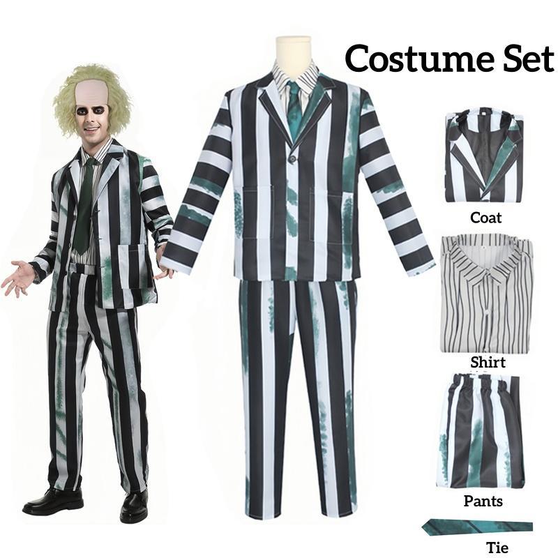 Adult Men Costume Black and White Striped Suit with Wig for Halloween Cosplay Party Outfit Horror Movie Character