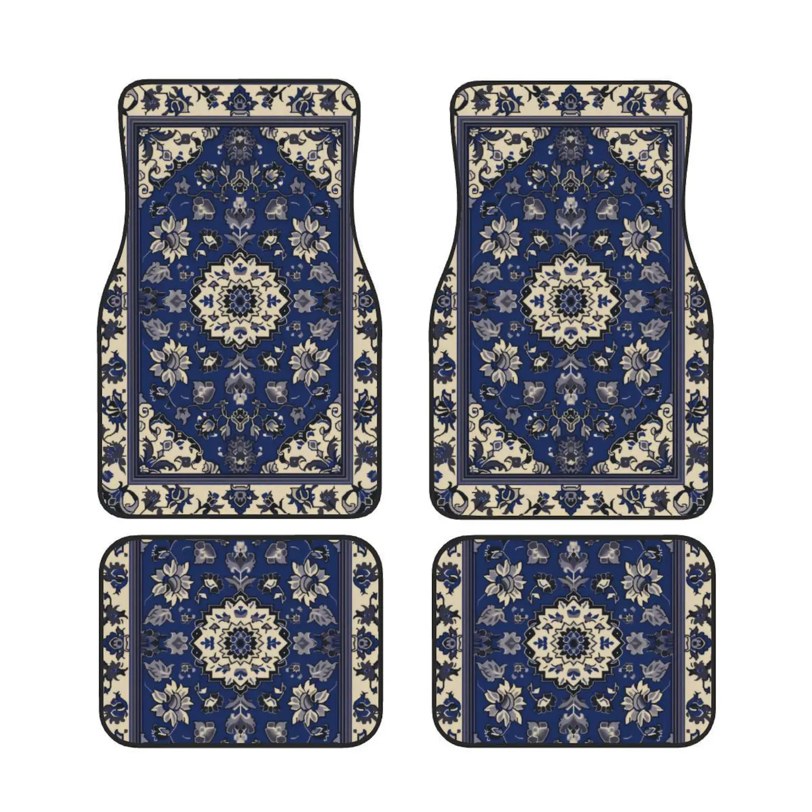 Oriental Print Car Floor Mats - Waterproof Dirt Guard, 4-Way Stretch Cars Accessories for Women, Blue Persian Interior Decor Rugs