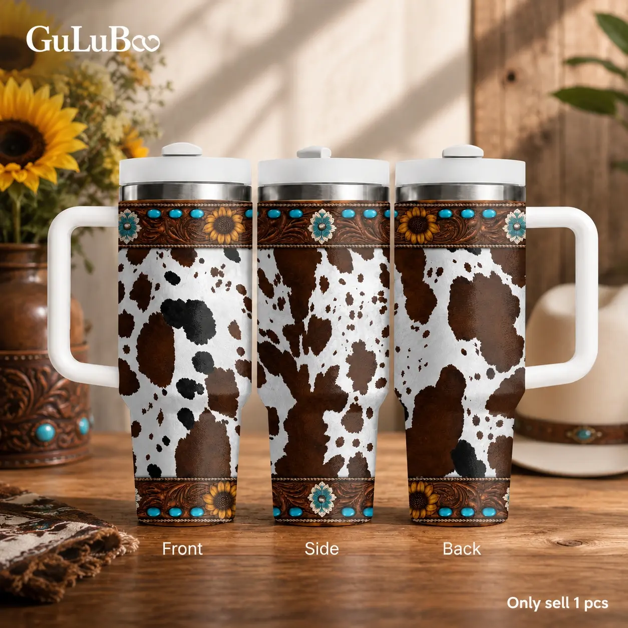 Western Cowhide Sunflower Prints Vacuum Flasks 40oz Stainless Steel Tumbler with Handle & Straw, Vacuum Insulated Travel Mug, Keeps Drinks Cold Up to 24H, Leak-Resistant Cup for Iced Coffee, Water, Gym, Office, Road Trips & Cowgirl Gifts for Her
